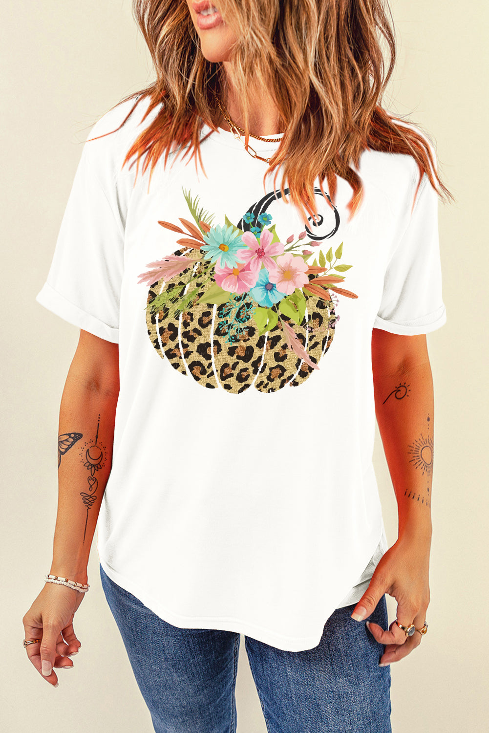 Floral Leopard Pumpkin Graphic Halloween T Shirt | White