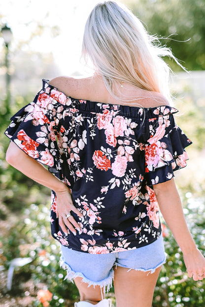 Ruffle Off Shoulder Flounce Sleeve Floral Blouse | Blue