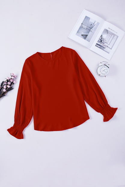 Fiery  Crew Neck Ruffle Bubble Sleeve Top | Red