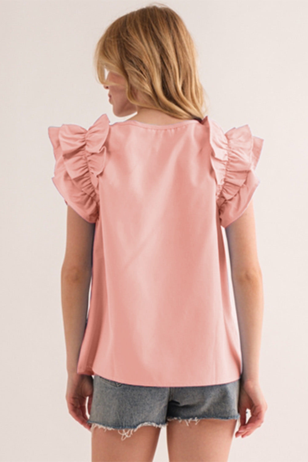 Shirring Buttoned Neck Ruffle Sleeve Blouse | Peach Blossom