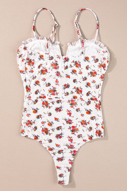 Floral V Cut Frilled Trim Spaghetti Straps Bodysuit | White