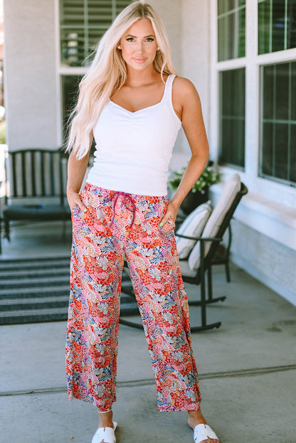 Fiery  Gorgeous Print Drawstring Smocked High Waist Pants | Red