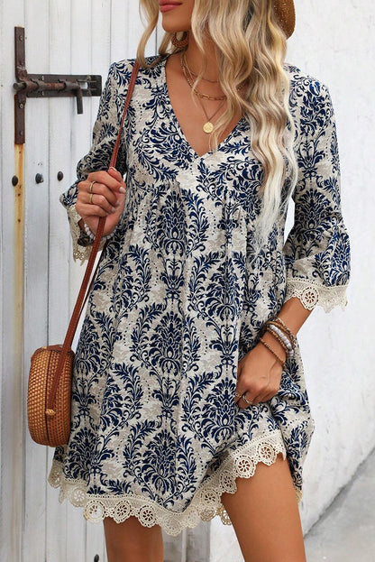 Vintage Printed Lace Trim V Neck 3/4 Sleeve Loose Dress | Sky Blue