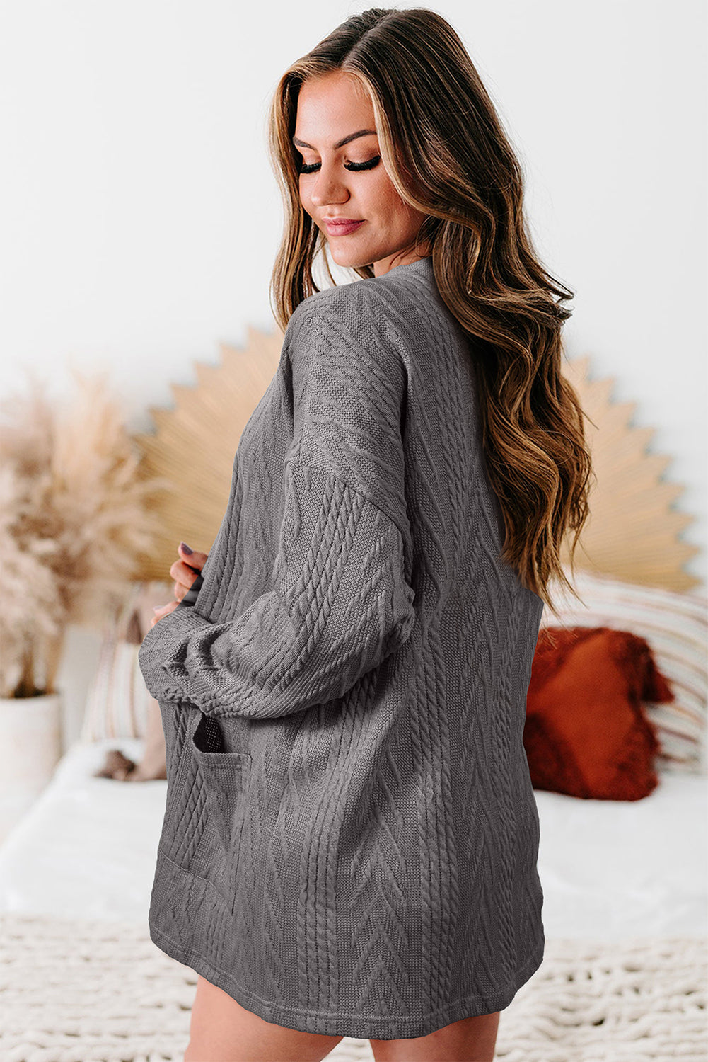 Solid Textured Open Front Cardigan With Pocket | Medium Grey