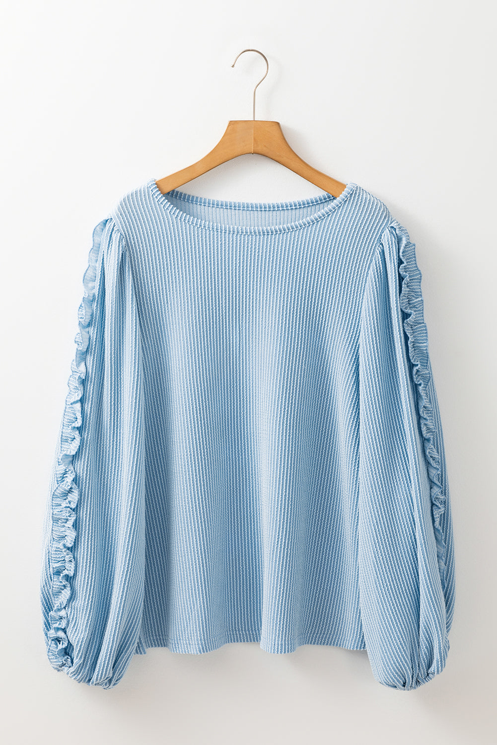 Corded Frilly Puff Sleeve Round Neck Blouse | Mist Blue