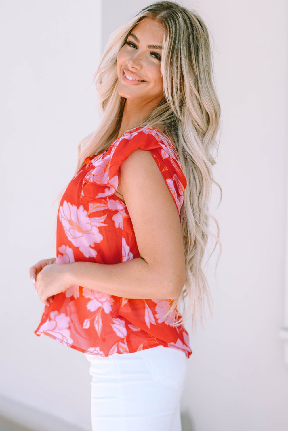 Fiery  Floral Square Neck Ruffle Sleeve Blouse | Red