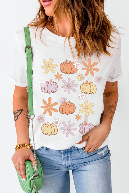 Floral Pumpkin Graphic Crewneck Halloween T Shirt | White