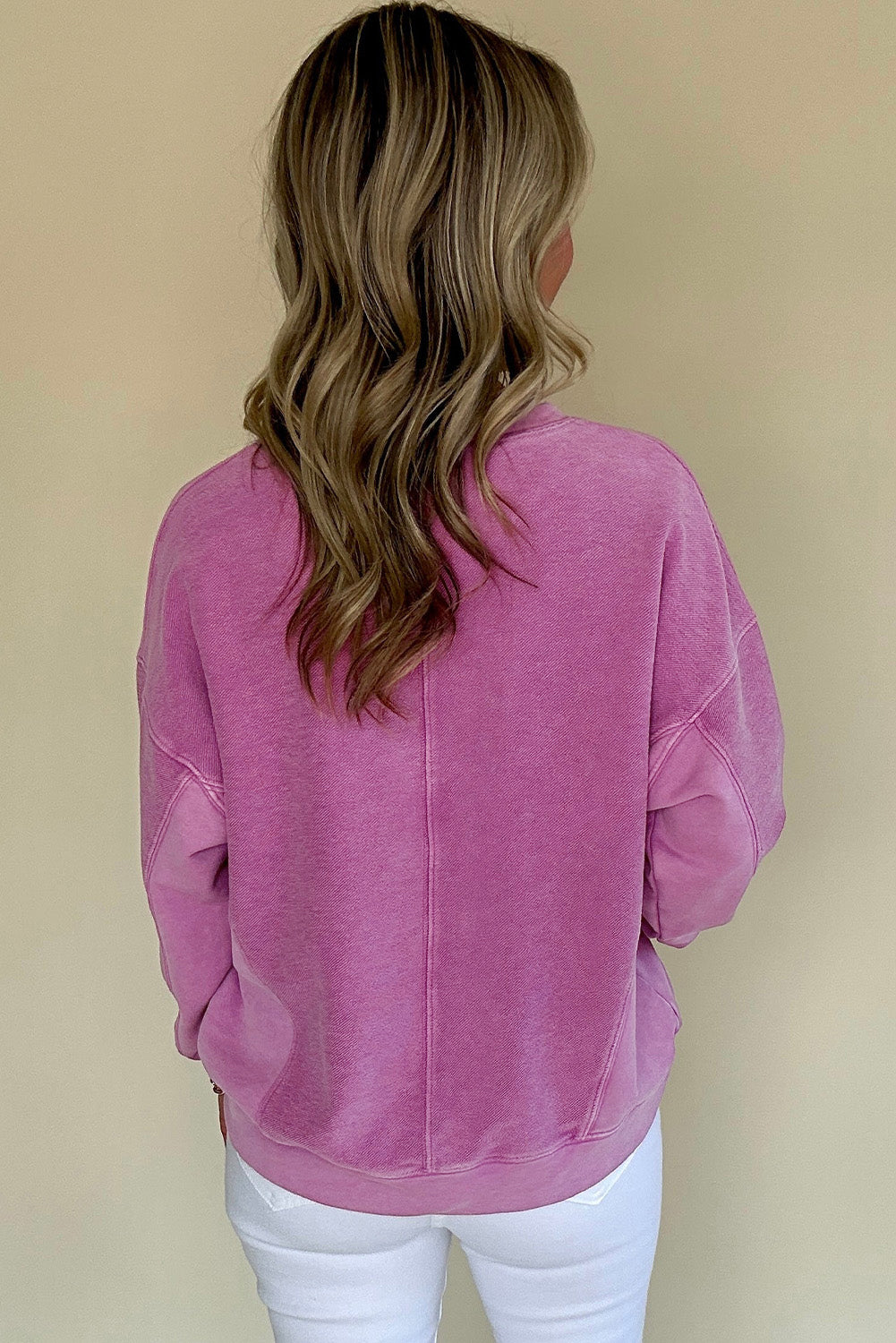 Solid Colour Notched Neck Drop Shoulder Sweatshirt | Bright Pink