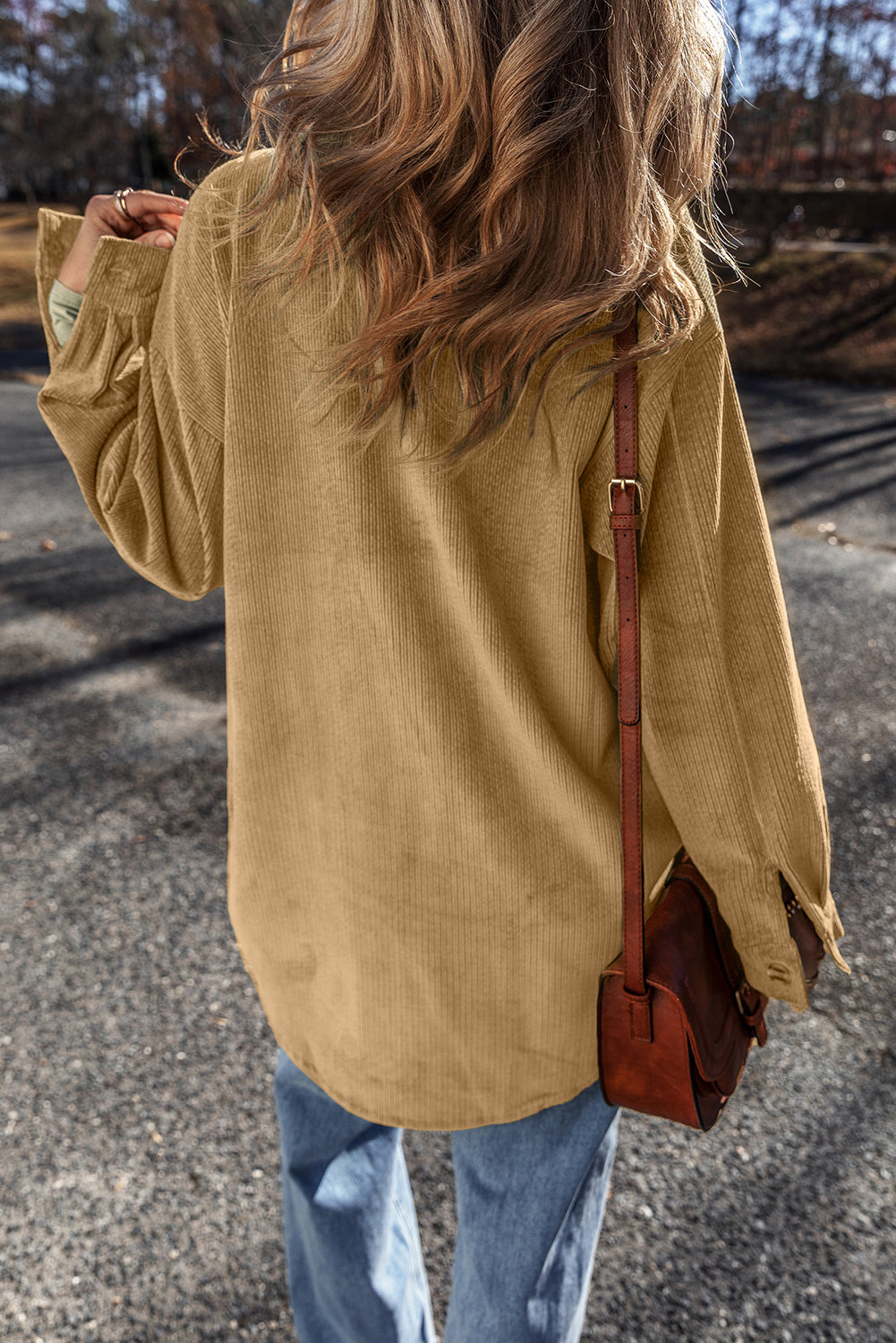 Patched Pocket Button Up Corduroy Shacket | Light French Beige