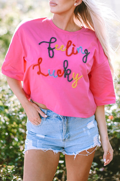 Feeling Lucky Embroidered Letter Graphic Half Sleeve Top | Bonbon