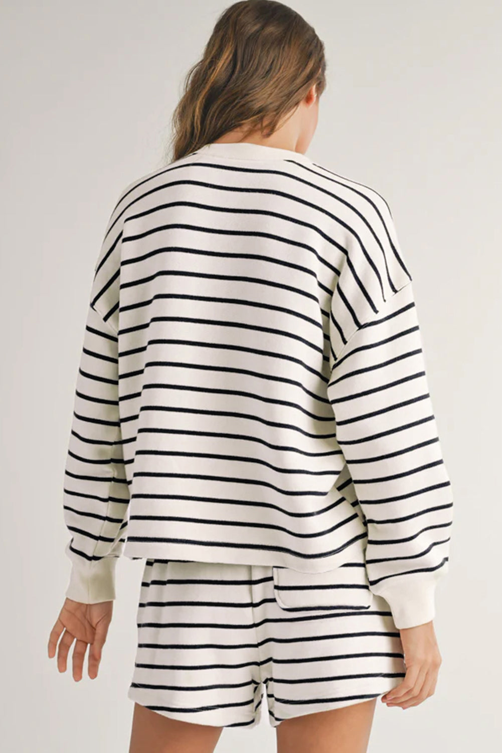 Black White Stripes Printed Half Button Long Sleeve Top And Shorts Set | Black white