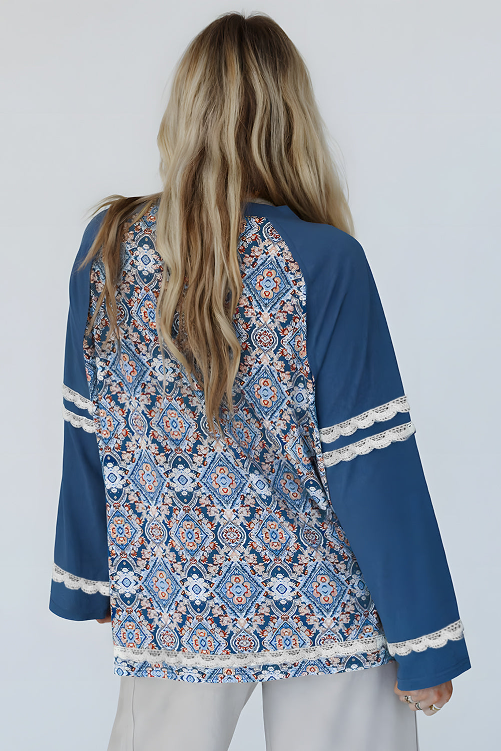 Geometric Printed Lace Patchwork Ric Rac Raglan Long Sleeve Top | Blue