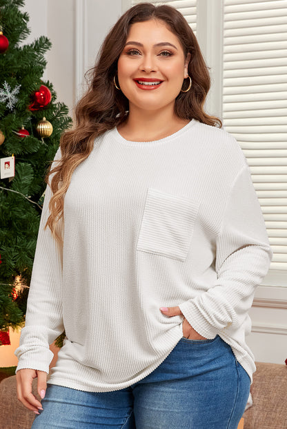 Plus Size Ribbed Textured Long Sleeve T Shirt | White