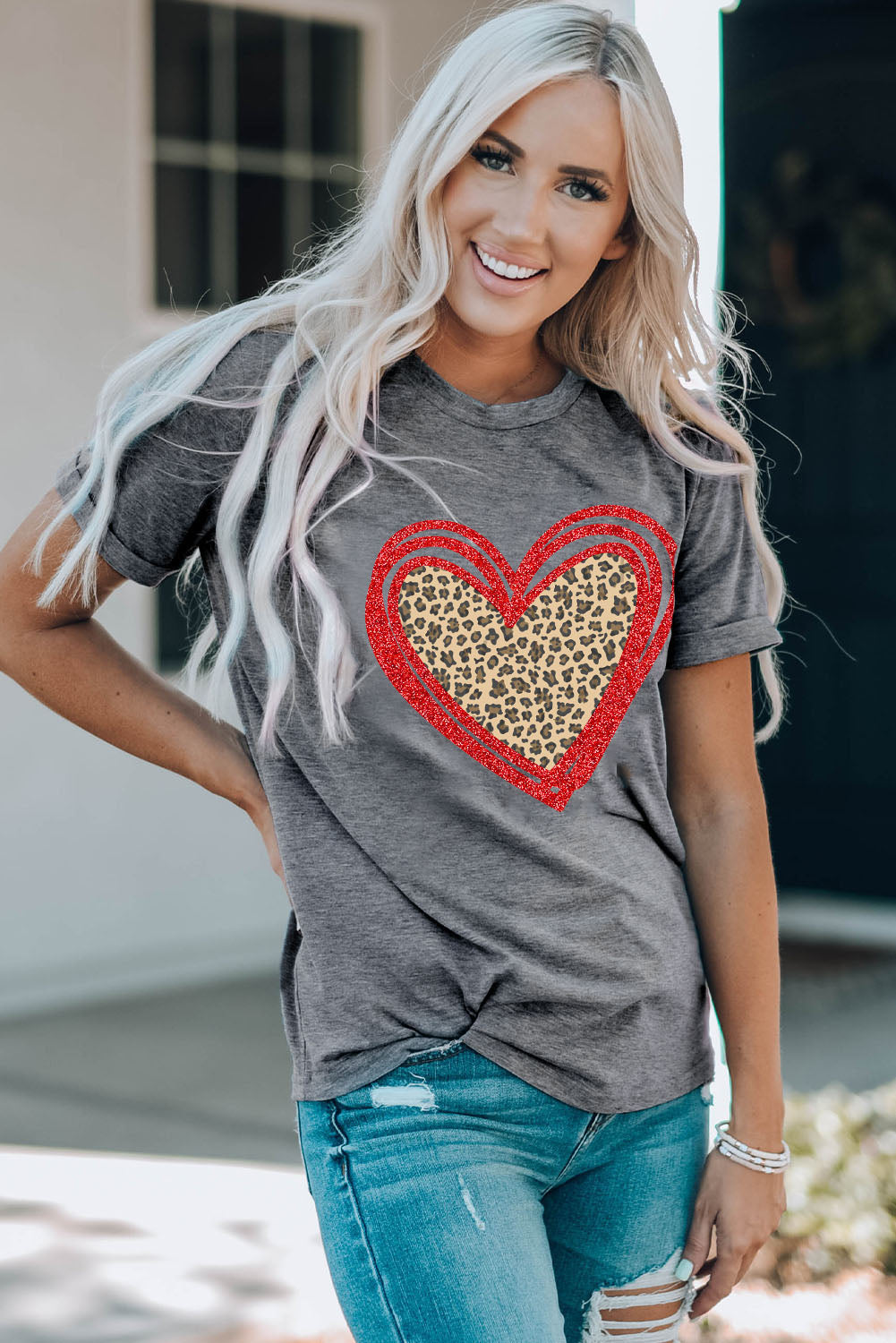 Sequin Leopard Heart Graphic T-Shirt | Gray