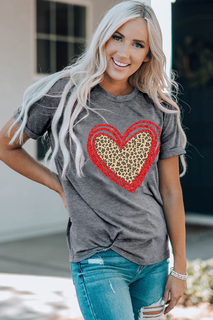 Sequin Leopard Heart Graphic T-Shirt | Gray