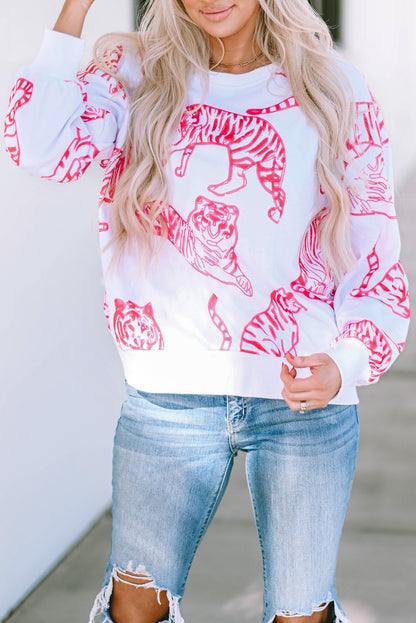 Pink Animal Print Pullover Sweatshirt | Bright White