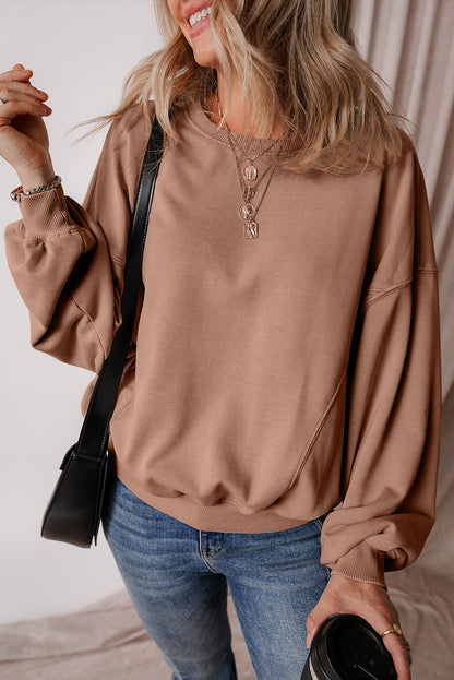 Chestnut Exposed Seam Batwing Sleeve Drop Shoulder Sweatshirt