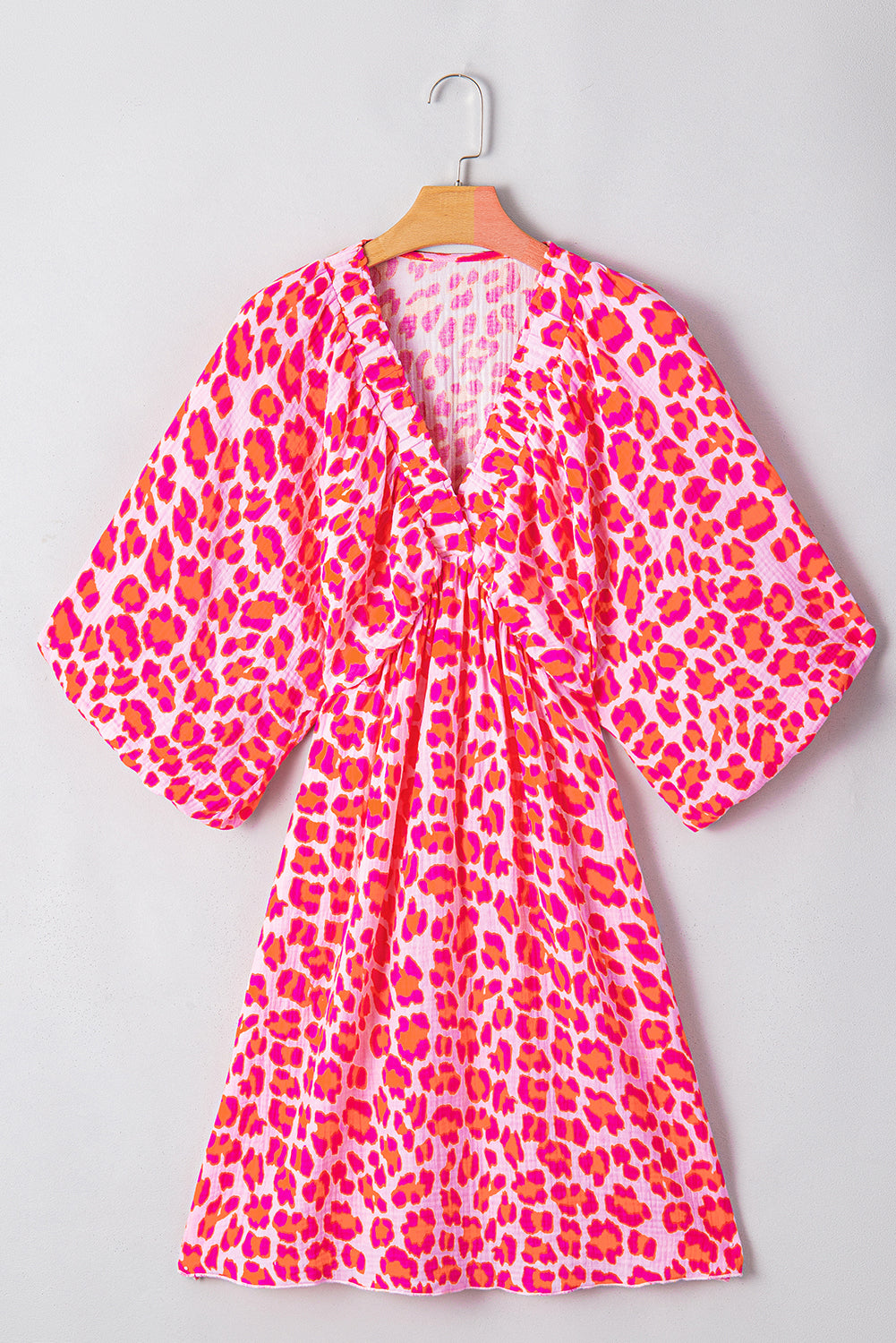 Leopard Print Elasticated V Neck 3/4 Puff Sleeve Dress | Pink