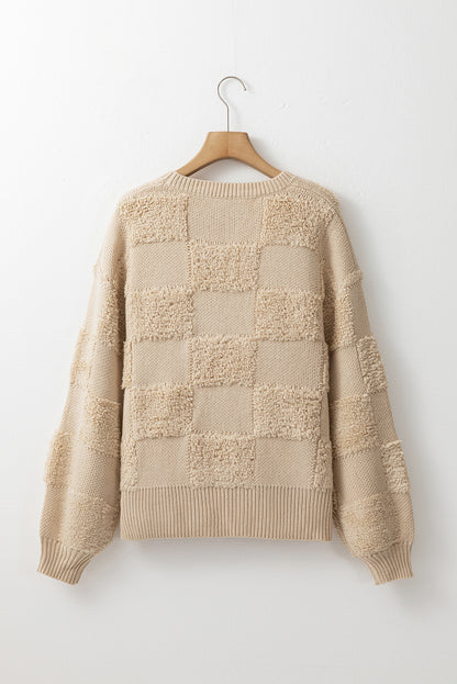 Checkered Sherpa Crew Neck Loose Sweater | Parchment