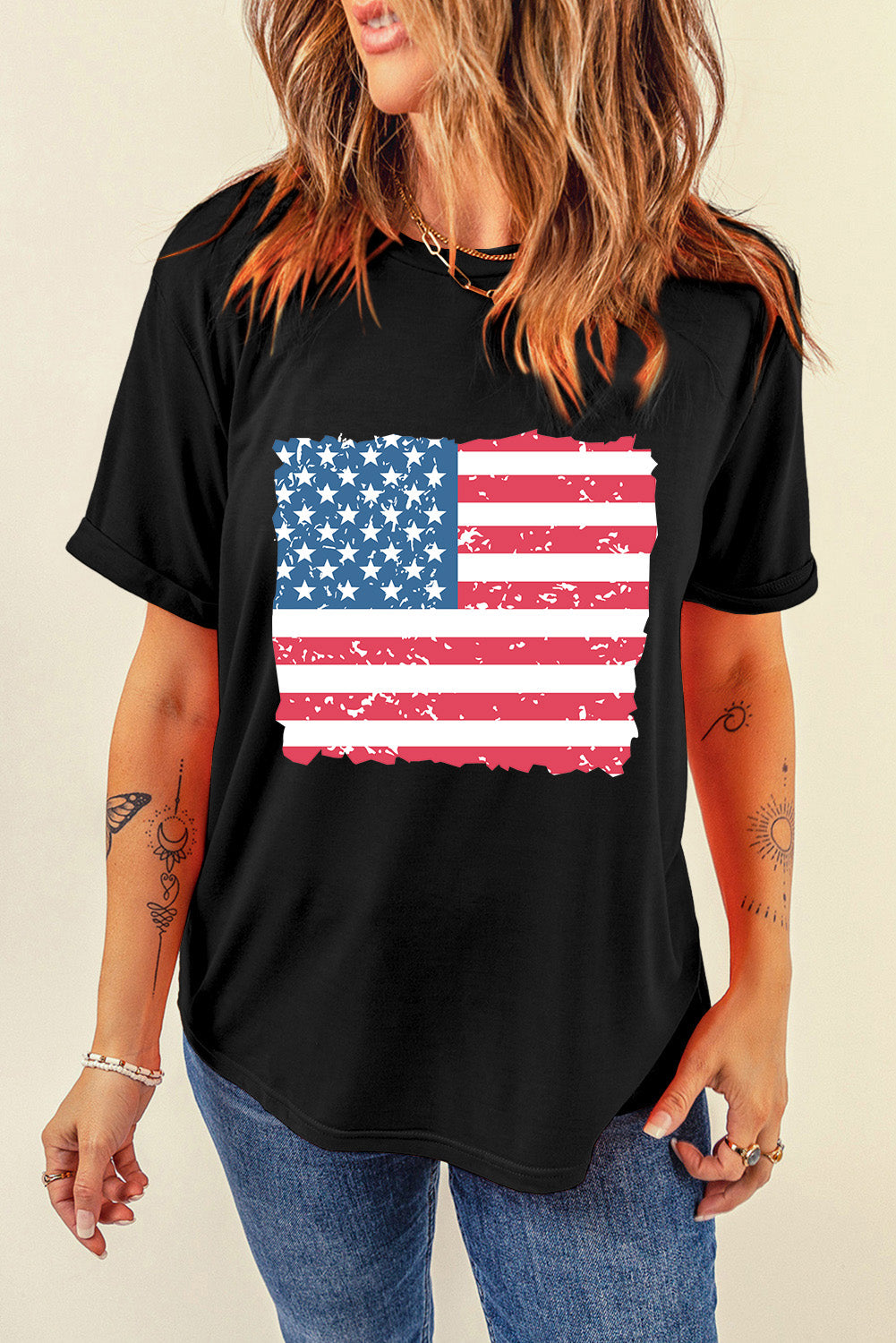 Frayed American Flag Printed Crewneck T Shirt | Black