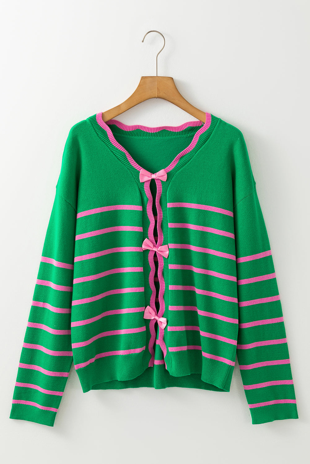 Ribbon Cute Bow Detail Sweater Knit Cardigan | Green Stripe