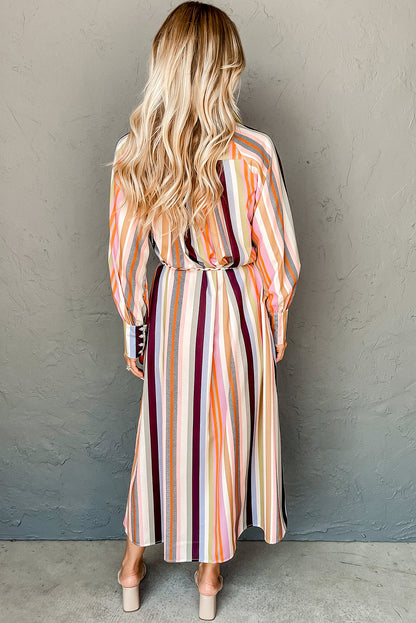 Multicolour Striped Cuffed Sleeve Tassel Tied Shirt Maxi Dress | White