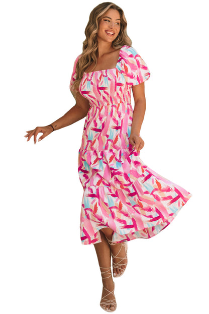 Brush Stroke Printed Smocked Ruffle Tiered Dress | Pink