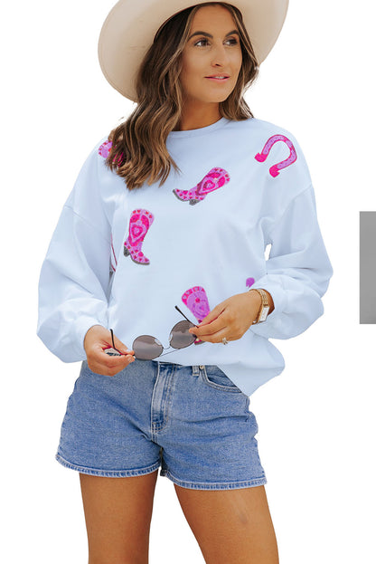 Sequin Western Cowgirl Boots Graphic Sweatshirt | White