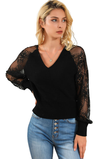 V-Neck Lace Sleeve Pullover Sweater | Black