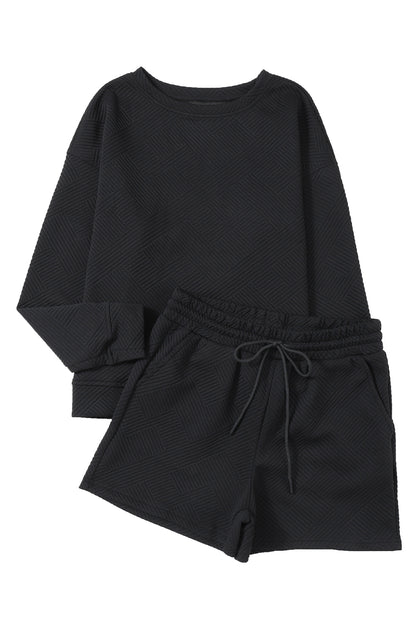 Textured Long Sleeve Top And Drawstring Shorts Set | Black