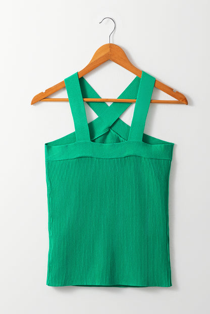 Ribbed Criss Cross Halter Neck Sheath Sweater Tank Top | Dark Green