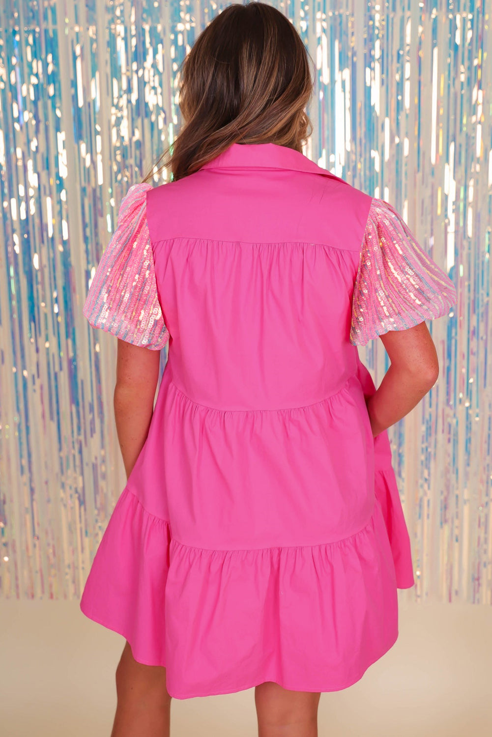 Sequined Bubble Sleeve Tiered Ruffled Shirt Dress | Bonbon