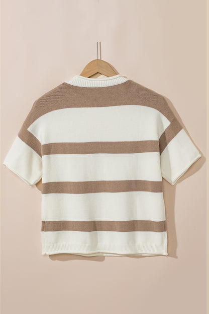 Dropped Short Sleeve Lightweight Knitted Top | Khaki Stripe