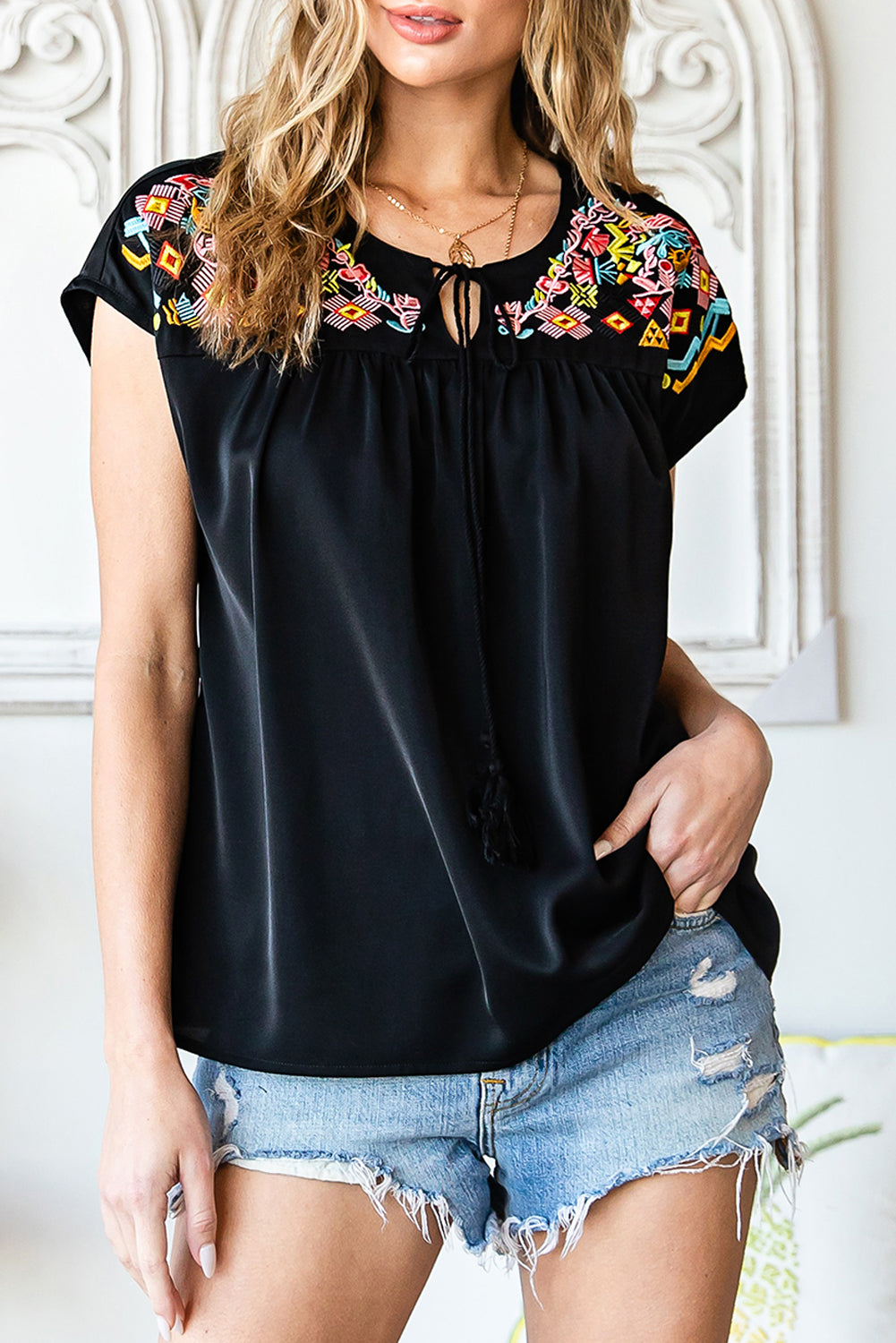 Geometric Floret Embroidered Short Sleeve Blouse | Black