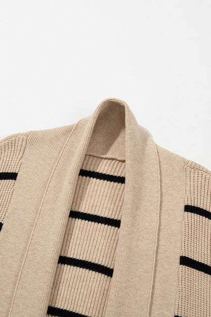 Shawl Neckline Open Cardigan With Pockets | Black Stripe