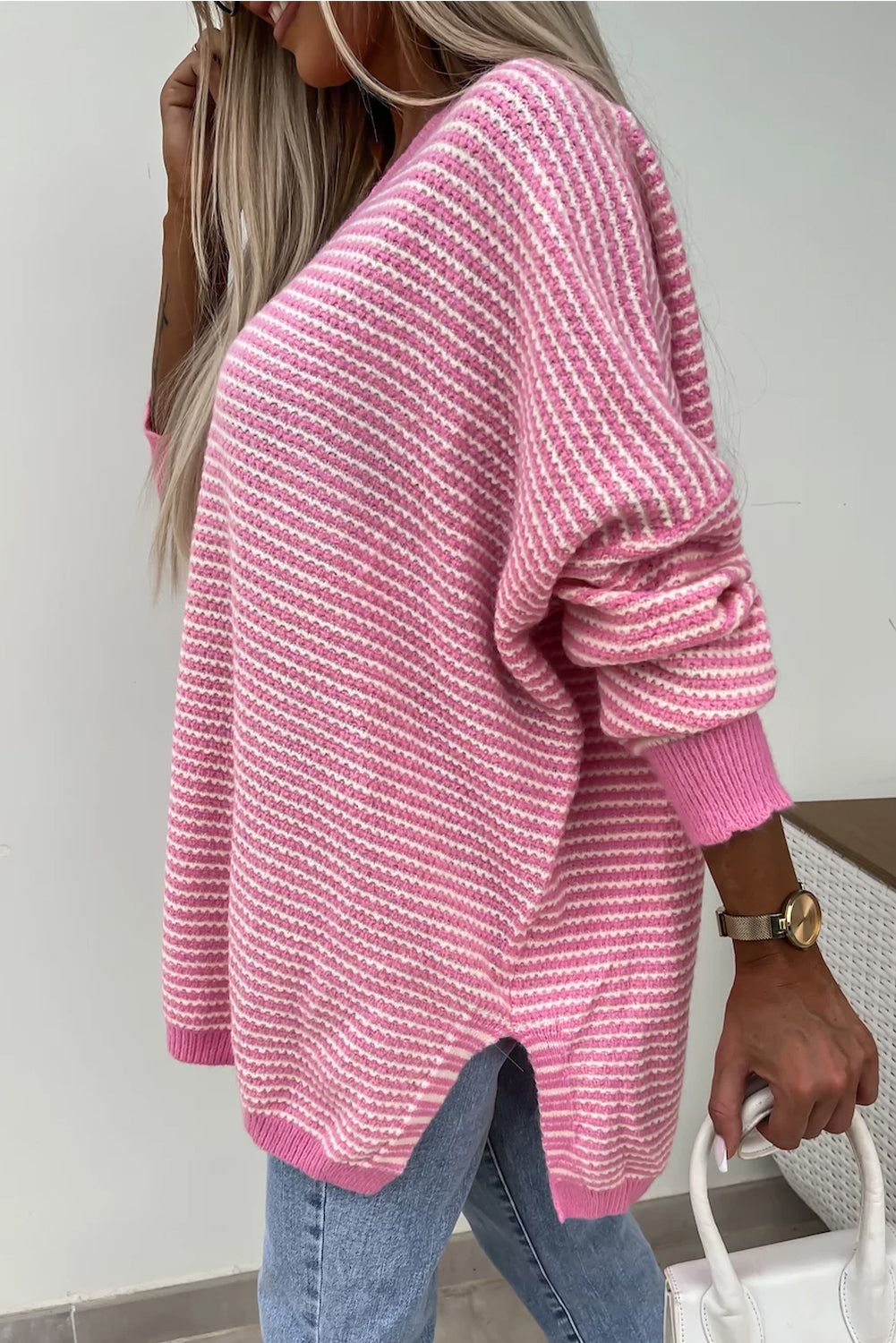 Striped Scallop V Neck Loose Sweater With Slits | Pink