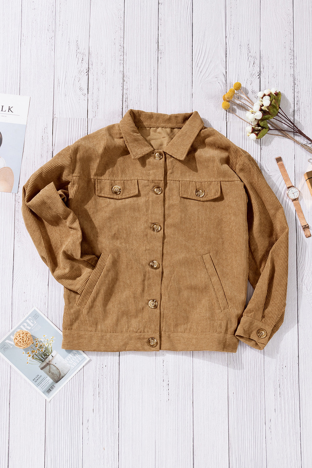 Ribbed Corduroy Long Sleeve Jacket With Pocket | Khaki