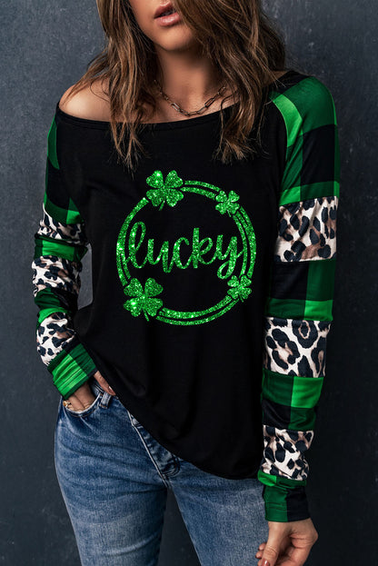 Lucky Clover Graphic Leopard Plaid Long Sleeve Top | Green