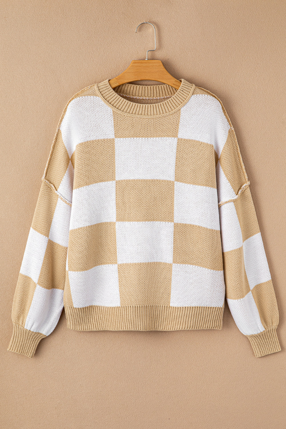 Checkered Bishop Sleeve Sweater | Khaki