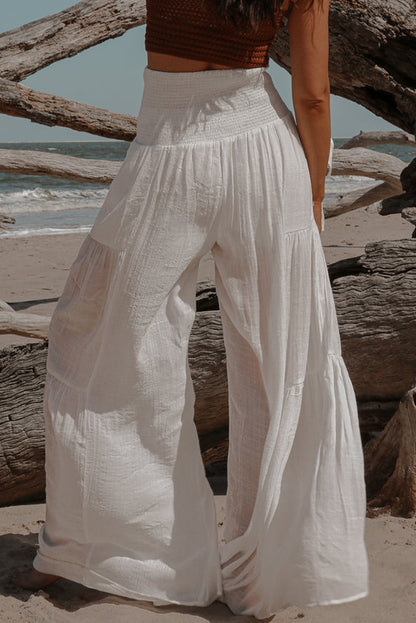 Smocked High Waist Bohemian Wide Leg Pants | White