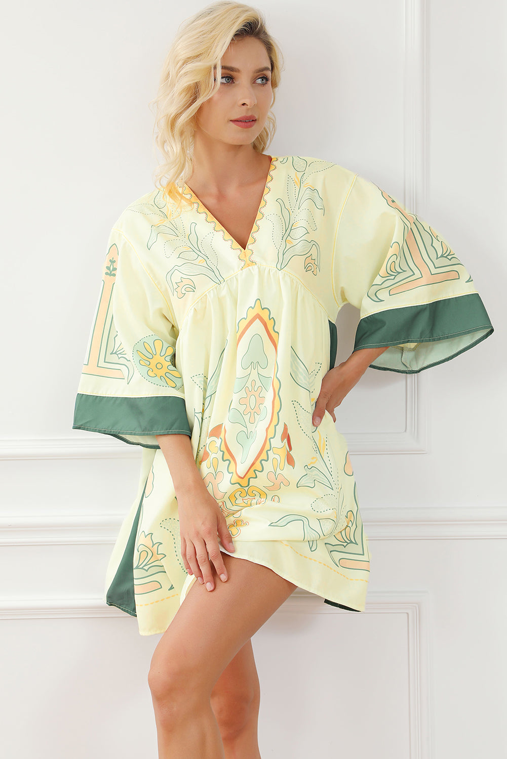 Boho Print V Neck Empire Waist Short Kimono Dress | Multicolour