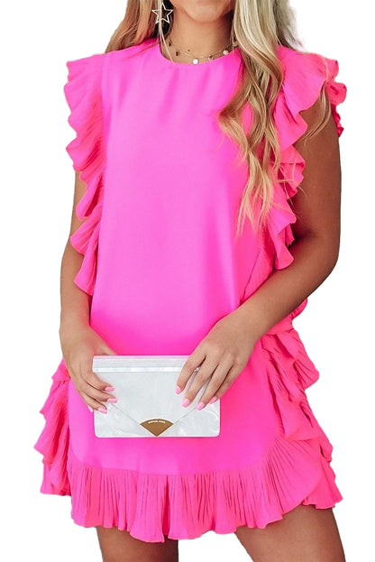 Solid Ruffled Edge Keyhole Back Mini Dress | Bright Pink