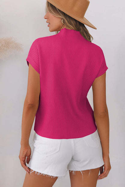 Patch Pocket Ribbed Knit Short Sleeve Sweater | Rose Red