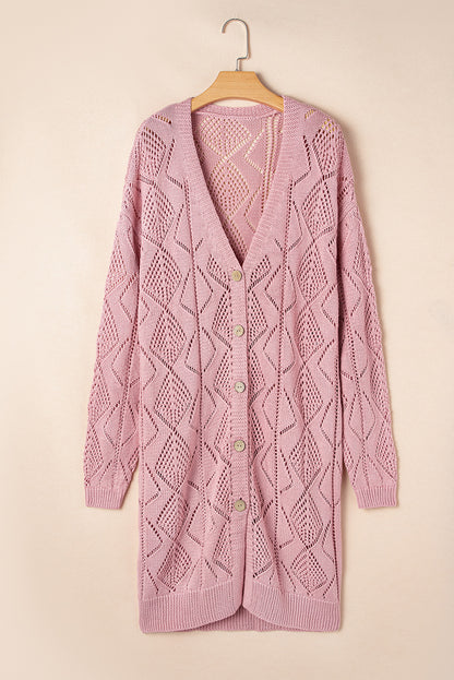 Open Knit Button-Up Plus Size Cardigan | Pink