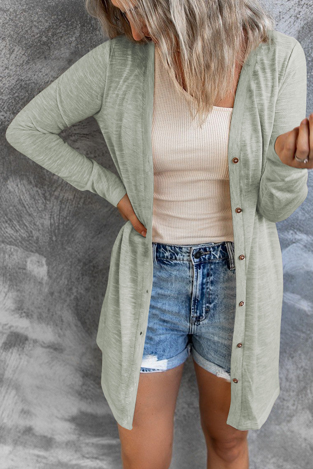 Solid Colour Open-Front Buttons Cardigan | Gray