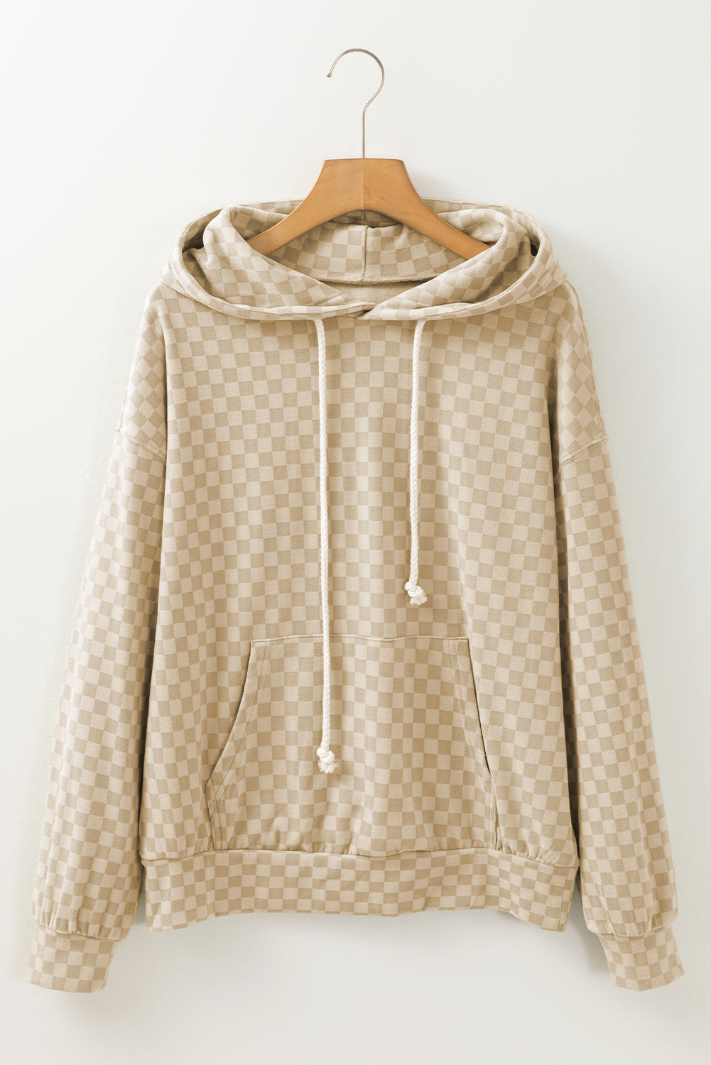 Checkered Print Kangaroo Pocket Drawstring Hoodie | Khaki