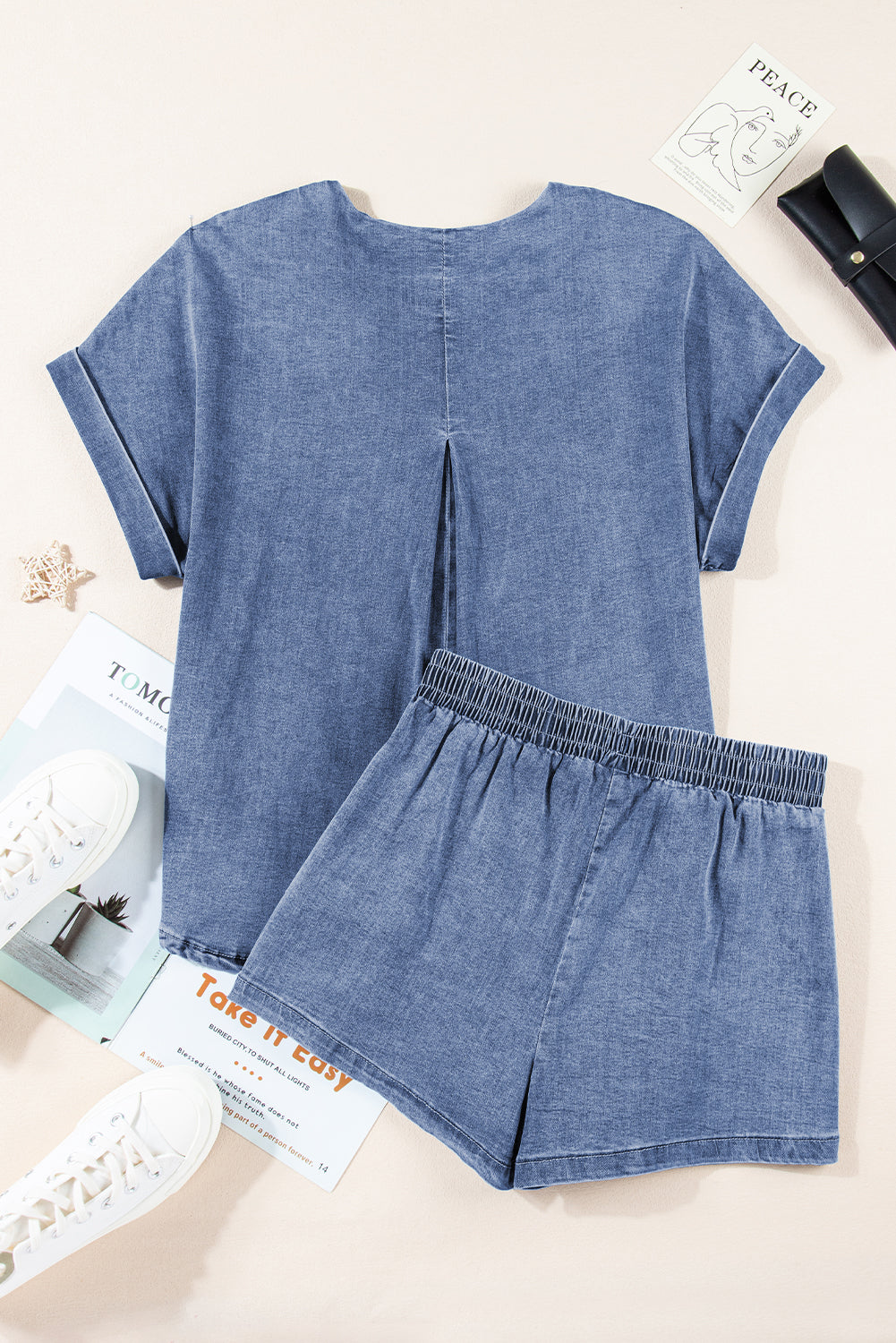 Denim Cuffed Sleeve Tee Elastic Shorts Set | Light Blue