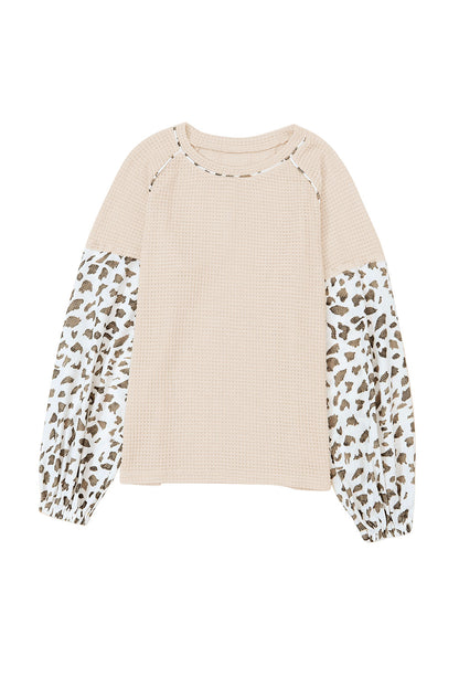 Leopard Print Patchwork Lantern Sleeve Waffle Knit Top | Apricot