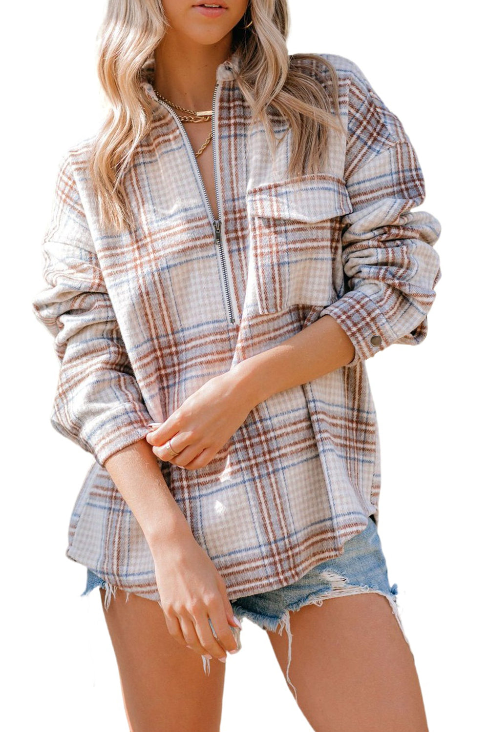 Chest Pocket Plaid Half Zip Sweatshirt | Apricot