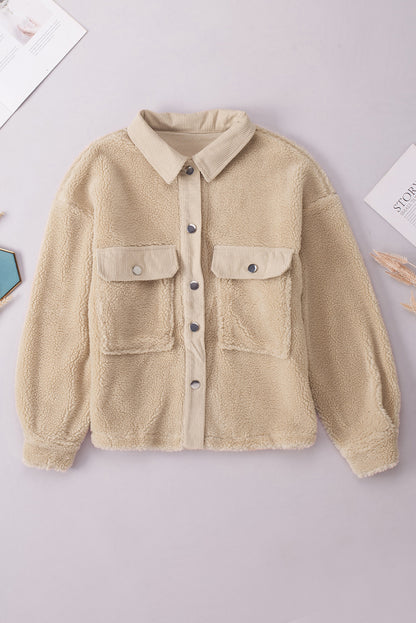 Corduroy Patchwork Flap Pocket Sherpa Jacket | Khaki